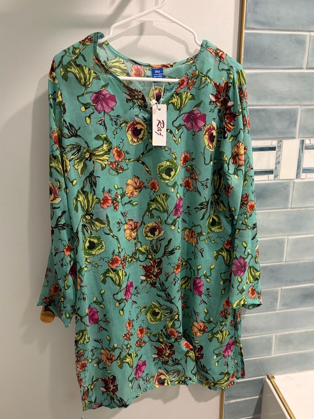 Raj Teal Floral Print Tunic with Pink and Yellow Blooms Size L - Picture 1 of 3